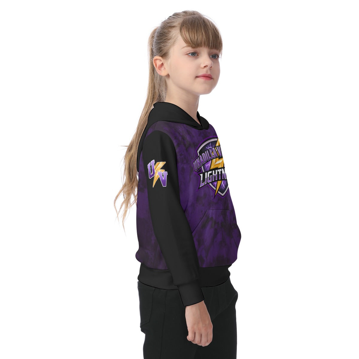 UV Lightning Kid's Lightweight Hoodie PURPLE TIE DYE WITH BLACK SLEEVES AND HOOD (Sublimation not DTF)