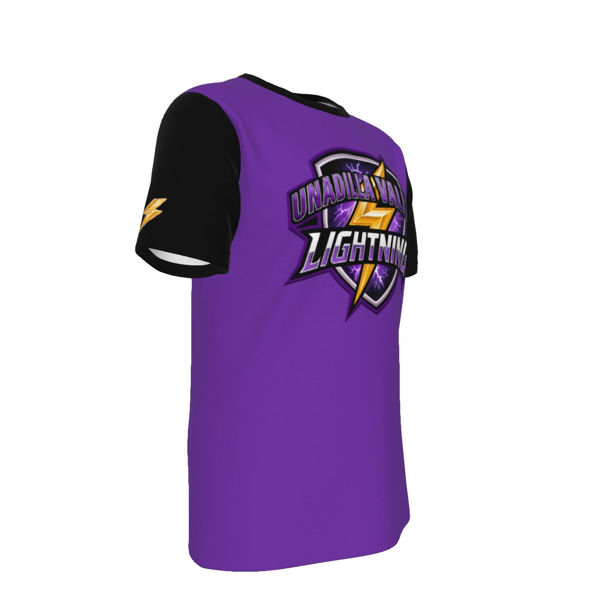UV Lightning Adult Tee Shirt PURPLE WITH BLACK SLEEVES AND COLLAR (Sublimation not DTF application)
