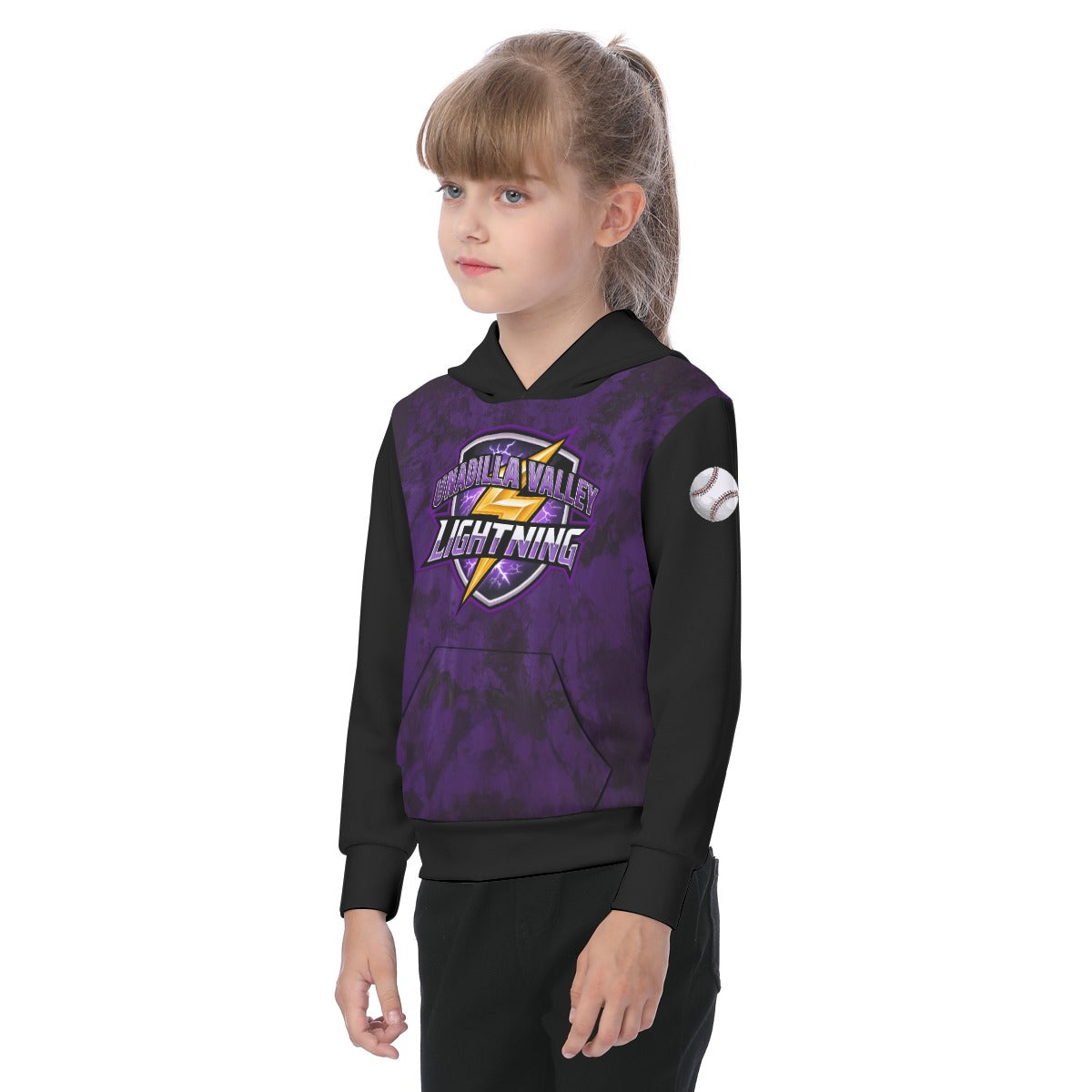 UV Lightning Kid's Lightweight Hoodie PURPLE TIE DYE WITH BLACK SLEEVES AND HOOD (Sublimation not DTF)